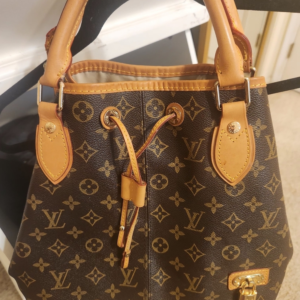 Designer Monogram Brown Leather Drawstring Tote - Luxury Style